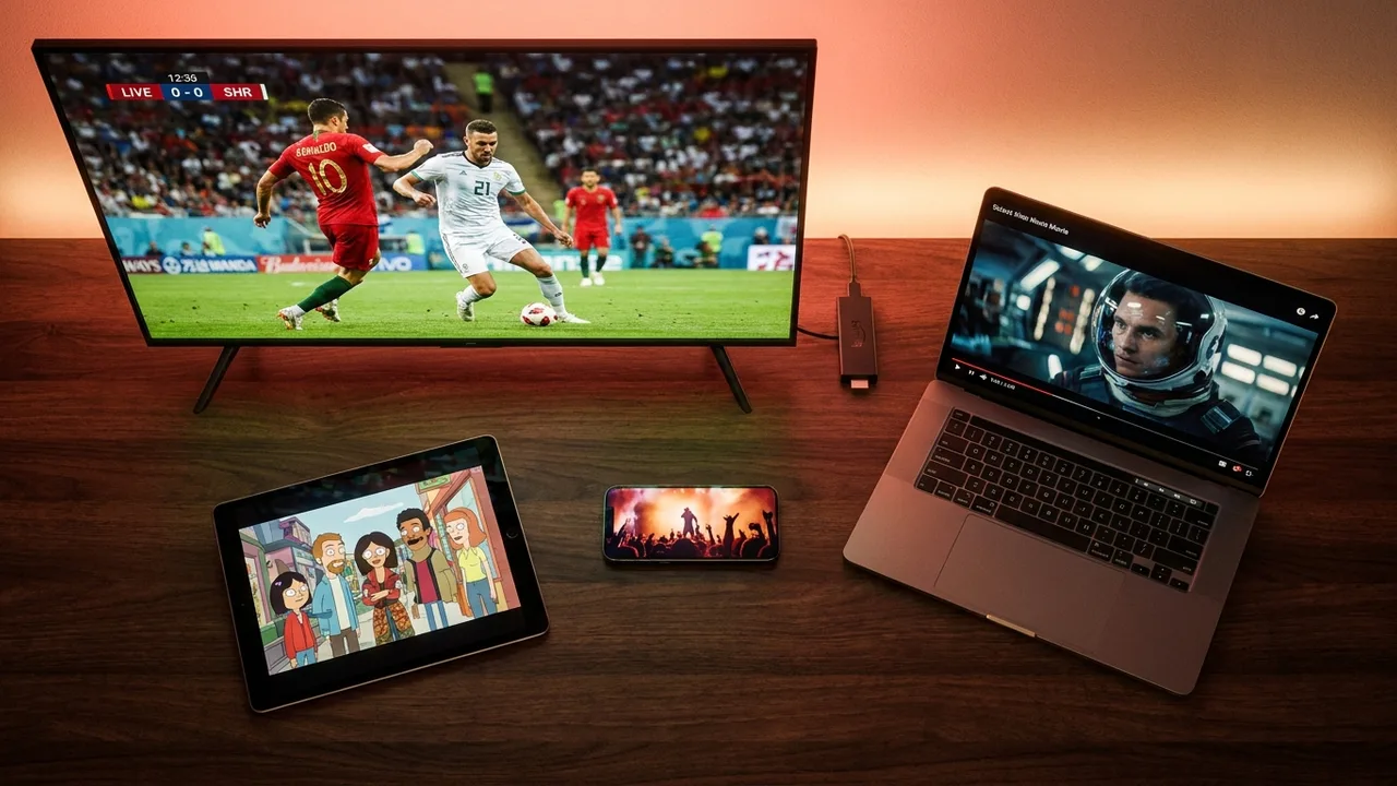 Smart TV, laptop, tablet, phone and streaming stick all playing content