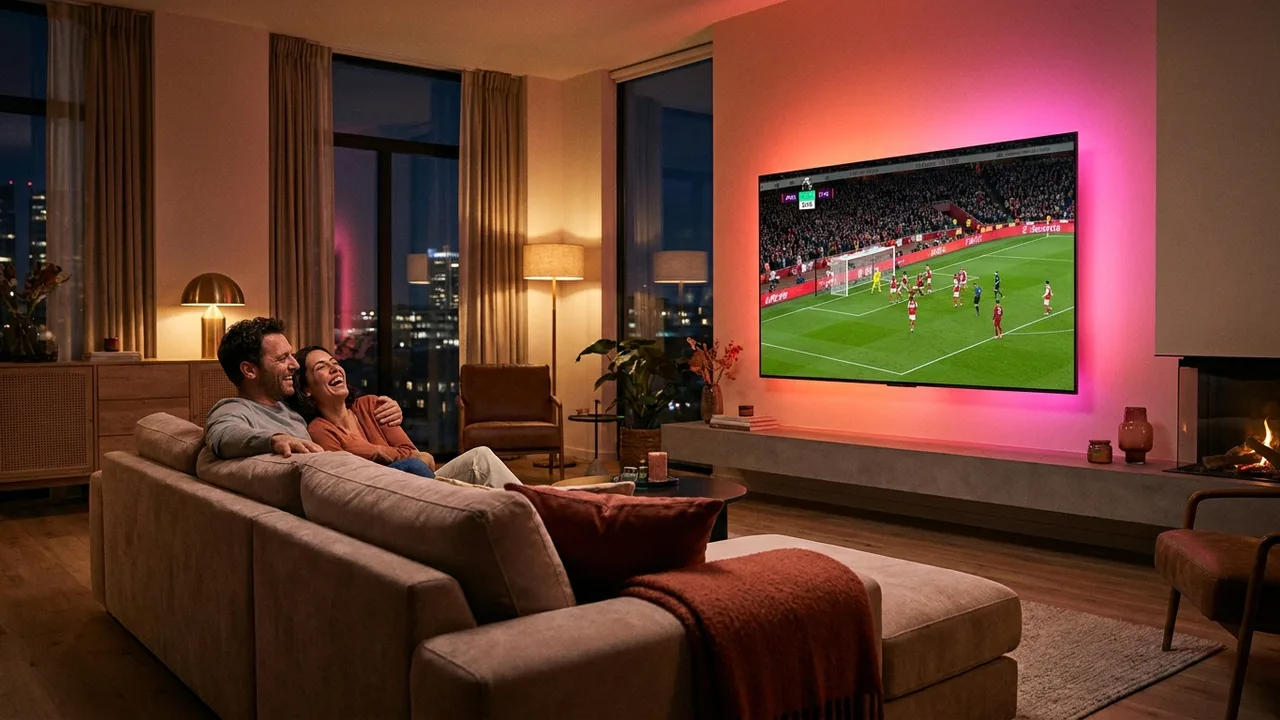 A living room with a large TV streaming live sport